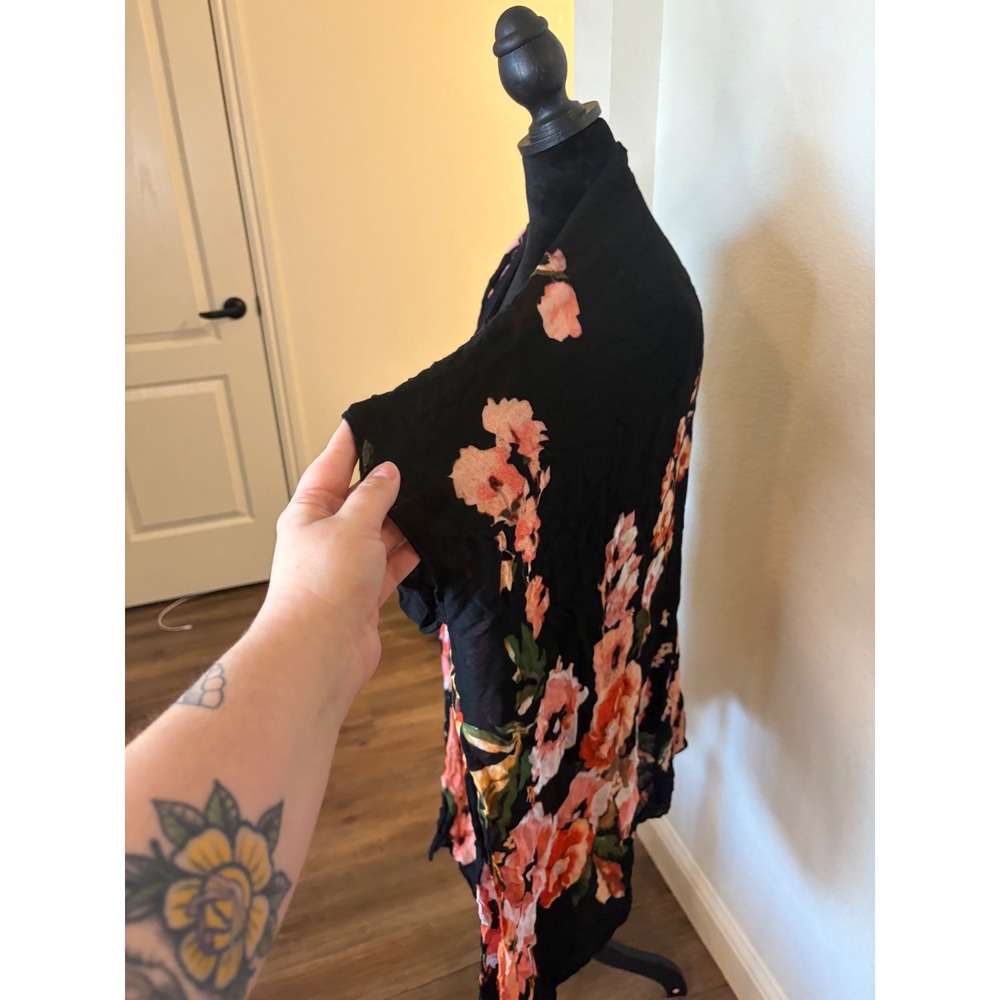 Floral Kimono Wrap Black Pink Orange Viscose Open Front Shawl One Size - Picture 2 of 4